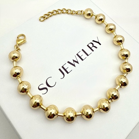 Bead Ball Bracelet 14k Gold Plated Luxury Jewelry (7mm) - Picture 1 of 9